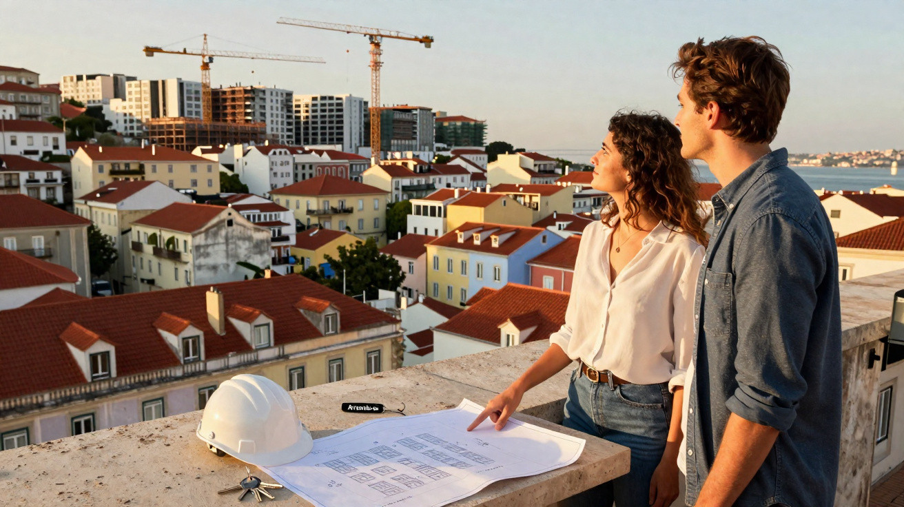 Casal observa projetos de construção numa varanda com vista para cidade e gruas ao fundo.