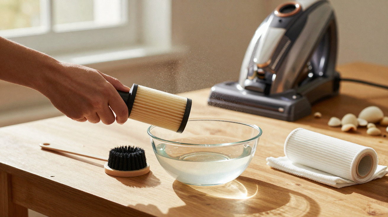 Pessoa a limpar um filtro de aspirador com pincel, ao lado de água numa taça e acessórios de limpeza.