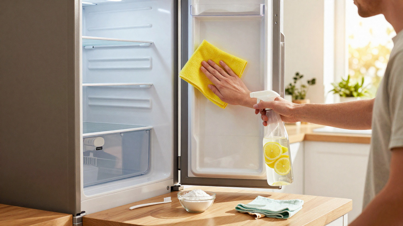 Pessoa a limpar a porta interior de um frigorífico aberto com um pano amarelo e spray de limpeza caseiro com limão.
