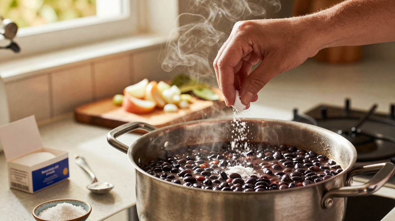 Mão a temperar com sal um tacho com feijão preto a ferver numa cozinha iluminada.