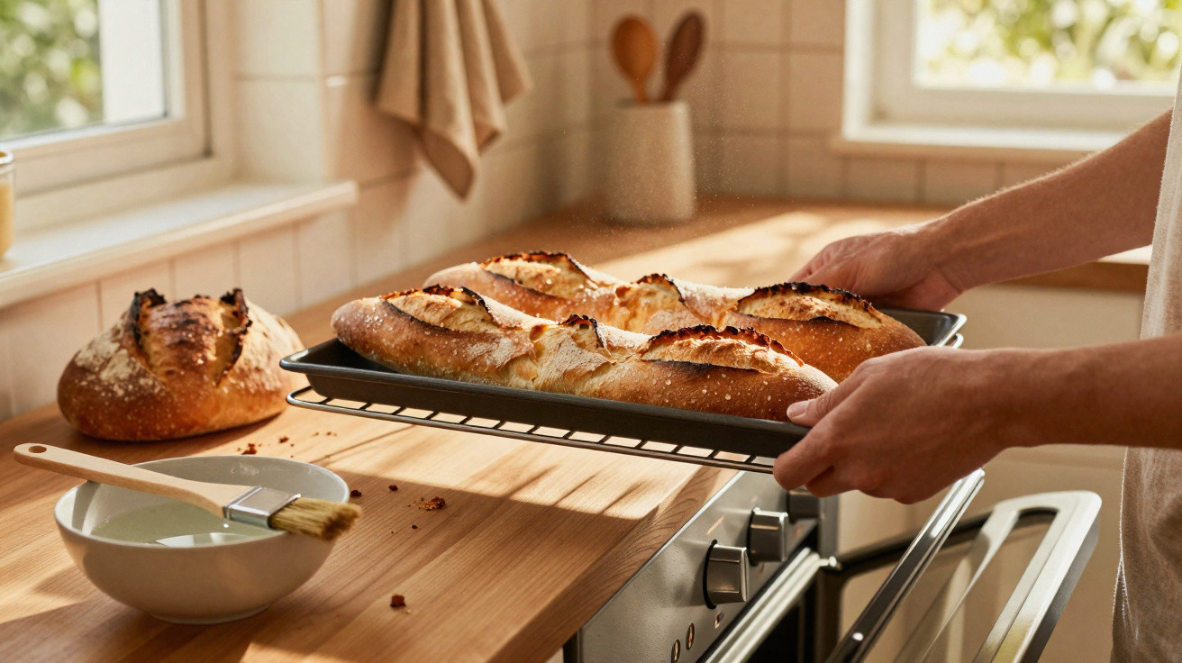 Pão caseiro acabado de sair do forno, colocado sobre bancada de cozinha em ambiente iluminado.