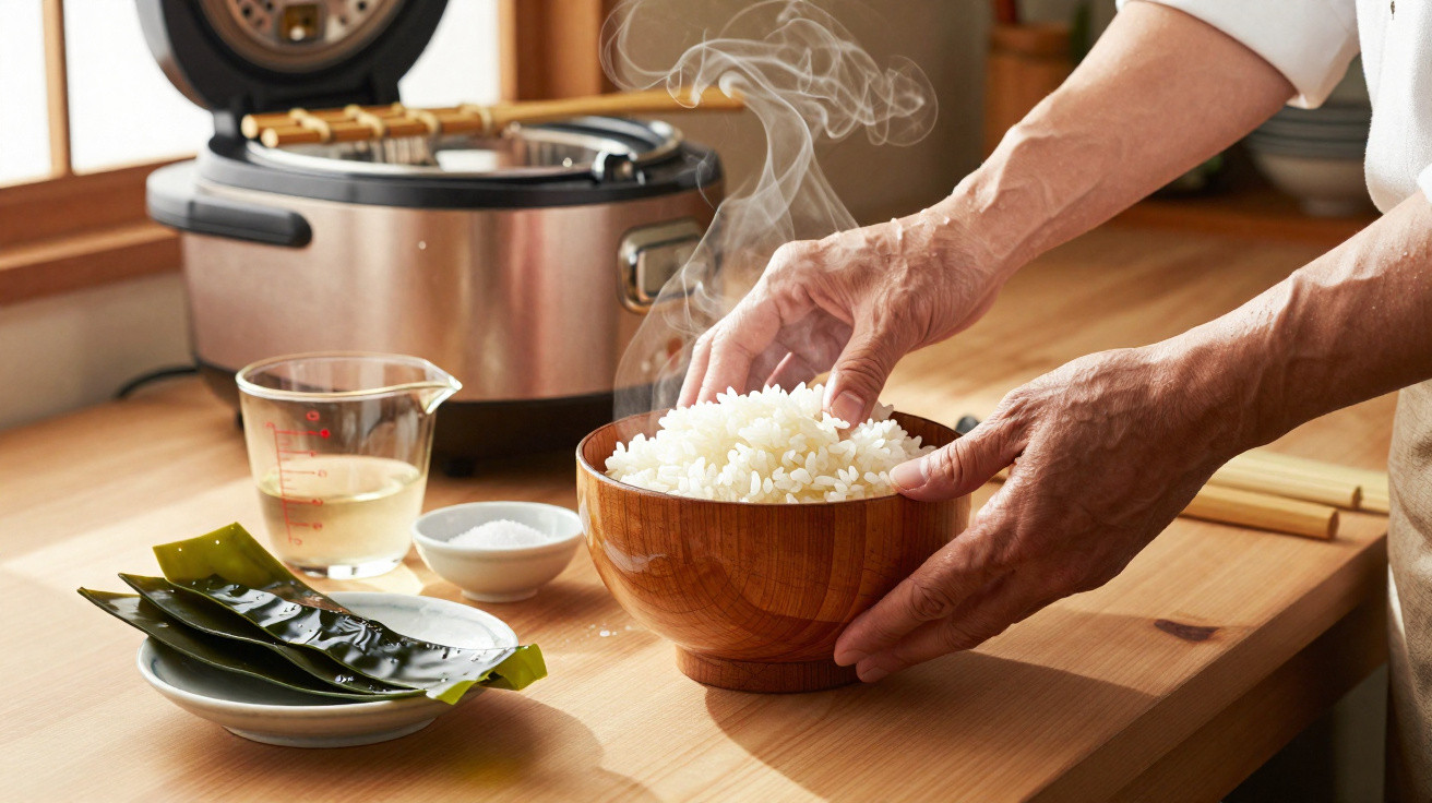Mãos seguram taça de madeira com arroz branco fumegante numa cozinha com ingredientes e panela de arroz.
