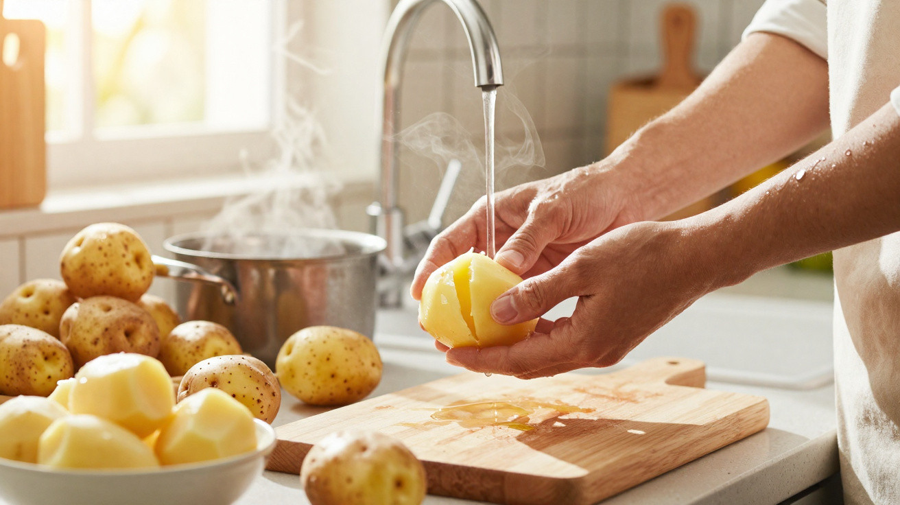 Pessoa a lavar batatas cozidas em água corrente numa cozinha iluminada, com tacho a cozer batatas ao fundo.