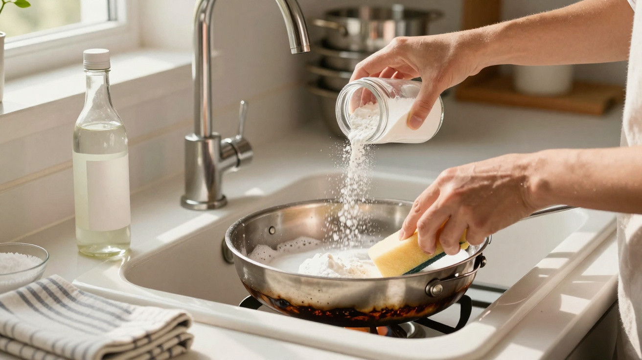 Mãos a esfregar uma frigideira na pia da cozinha, enquanto polvilham bicarbonato de sódio para limpeza.