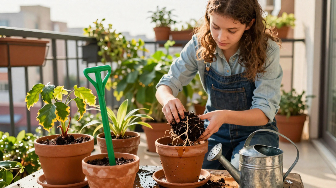 Rapaz a transplantar planta em vaso num terraço com várias plantas e ferramentas de jardinagem.