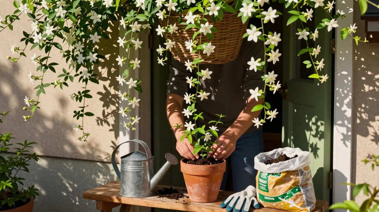 Pessoa a transplantar planta com flores brancas em vaso de barro, com regador e terra numa mesa de madeira.