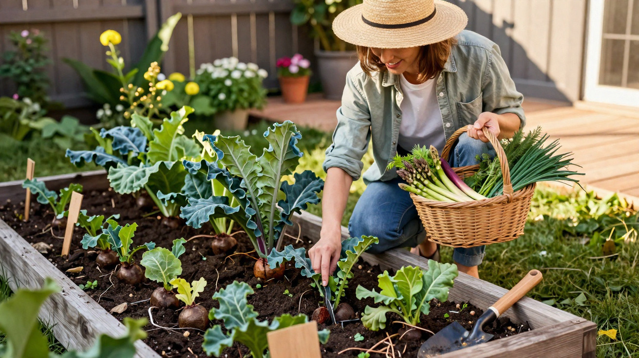 Mulher com chapéu colhe legumes numa horta elevada, segurando um cesto com vegetais frescos.