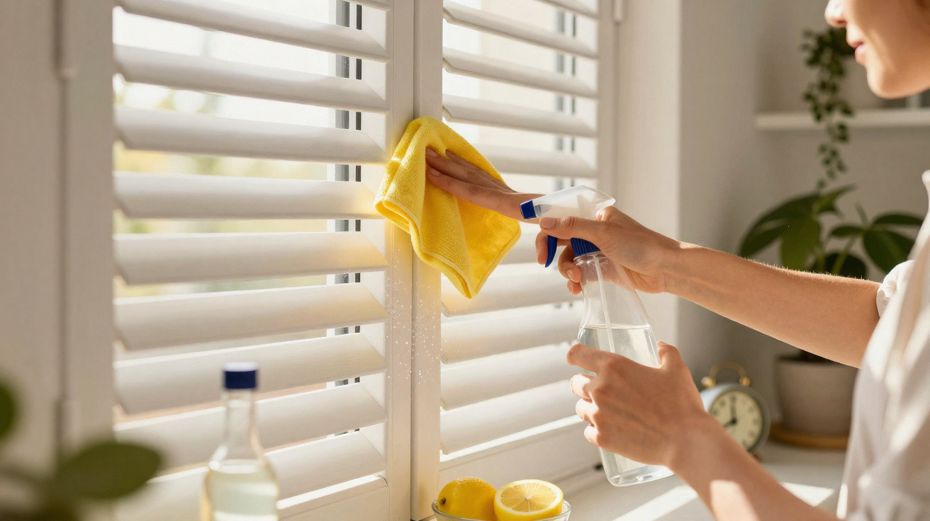 Pessoa a limpar persianas brancas com um pano amarelo e spray de limpeza junto a janela iluminada.