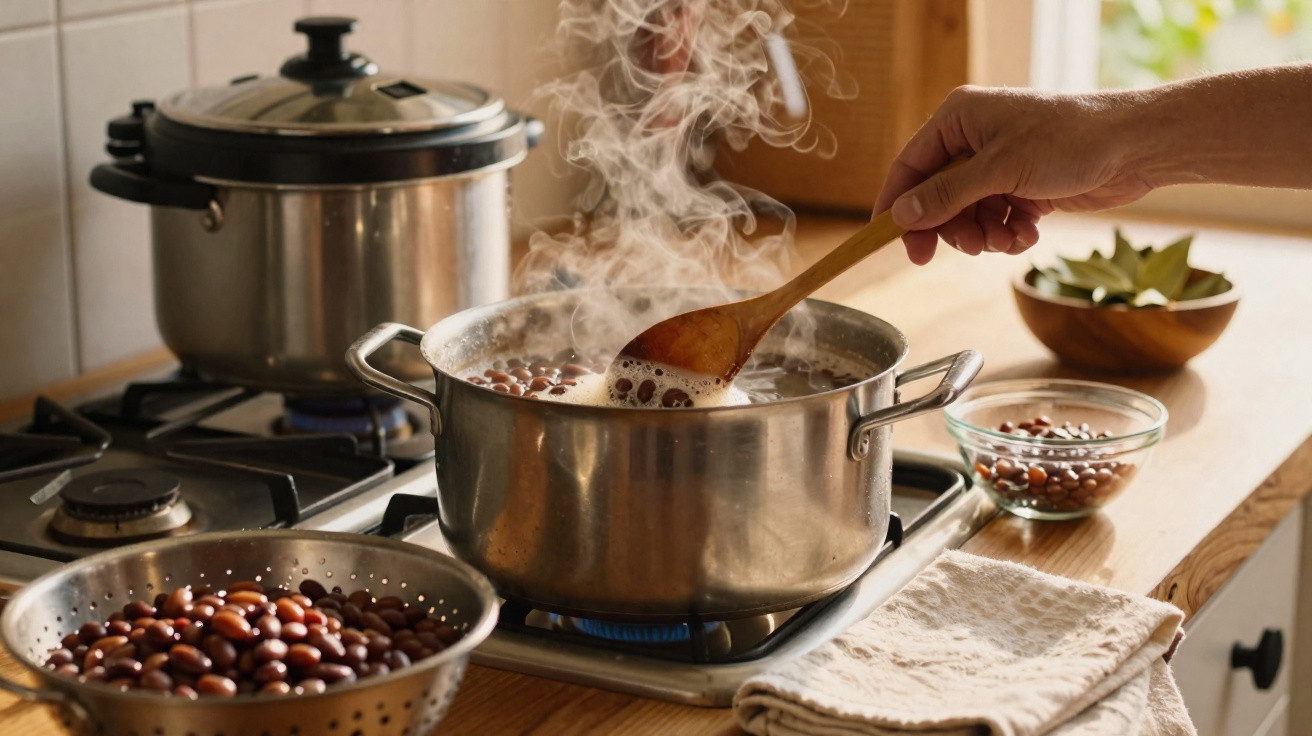 Mão a mexer feijão a cozinhar numa panela de inox no fogão a gás, com vapor a subir.