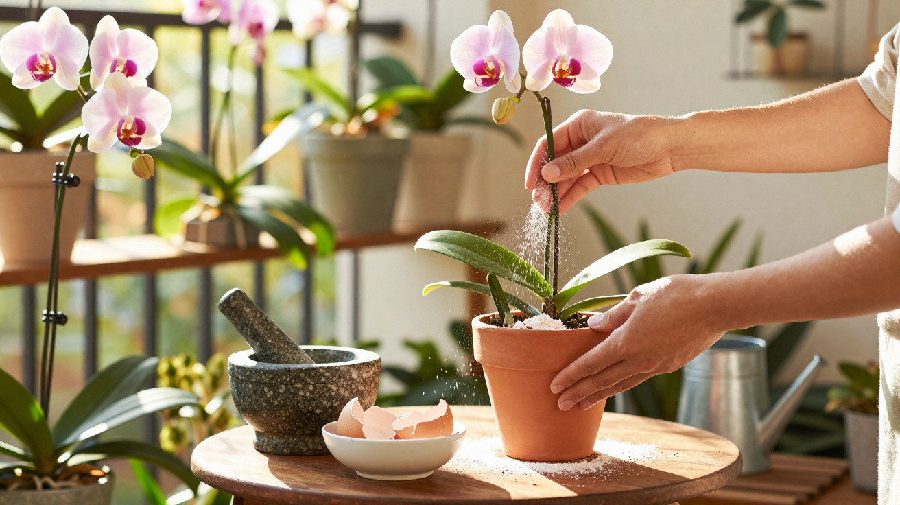 Pessoa a cuidar de orquídea num vaso de barro numa varanda com luz natural e utensílios de jardinagem.