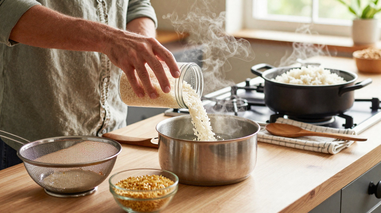 Pessoa a colocar arroz numa panela de inox com arroz cozido numa panela ao fundo na cozinha.