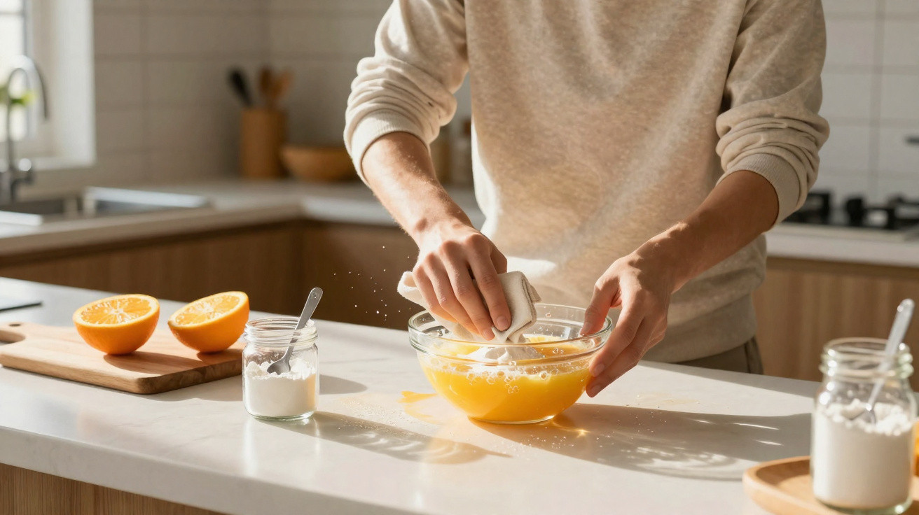 Pessoa a preparar sumo de laranja fresco com açúcar numa cozinha iluminada pela luz do dia.