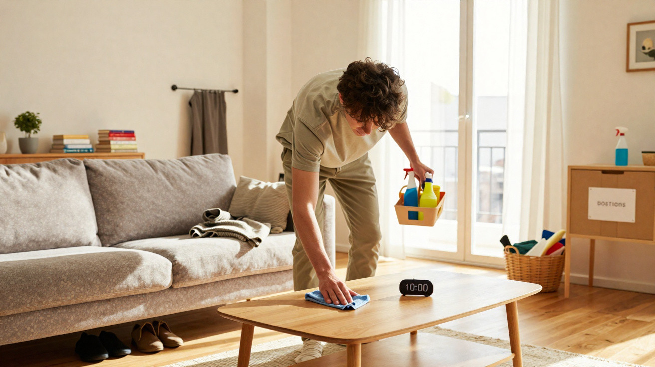 Pessoa a limpar uma mesa de madeira numa sala de estar com sofá, janela e produtos de limpeza.