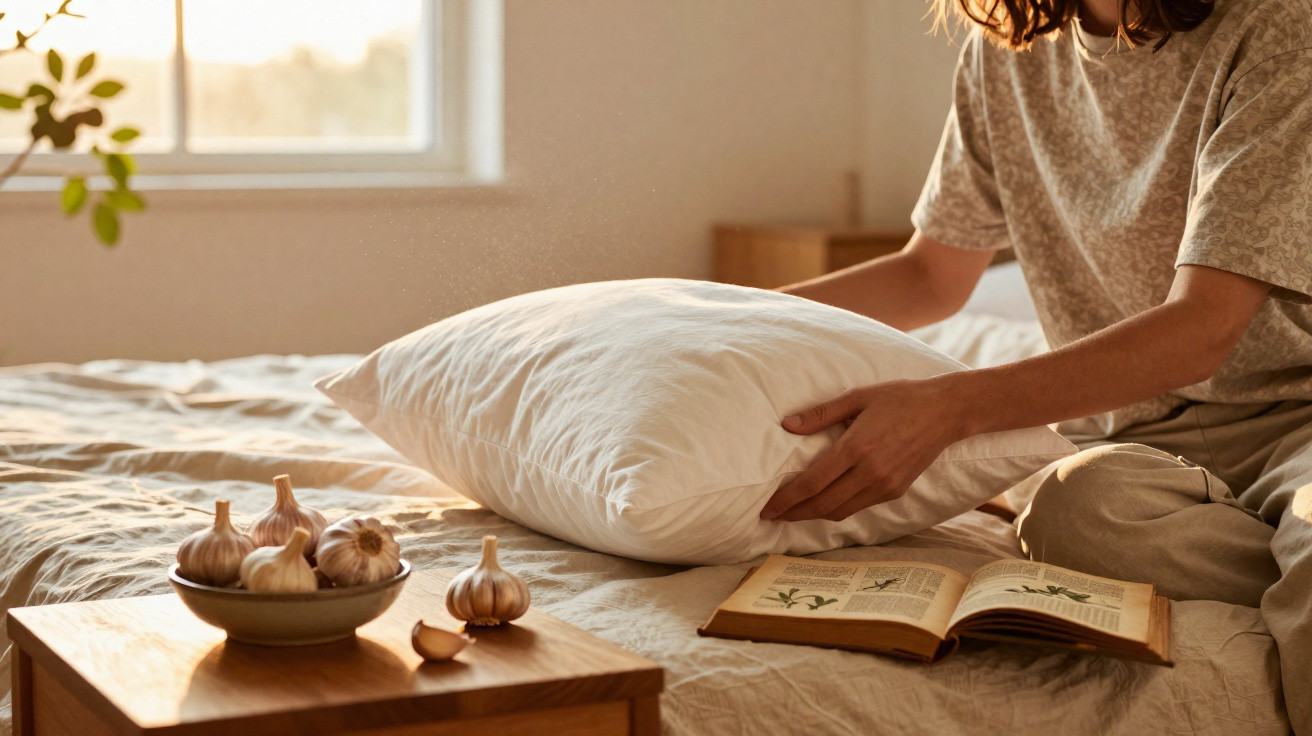 Pessoa segurando uma almofada em cama com livro aberto, alho num prato sobre mesa de madeira ao lado.
