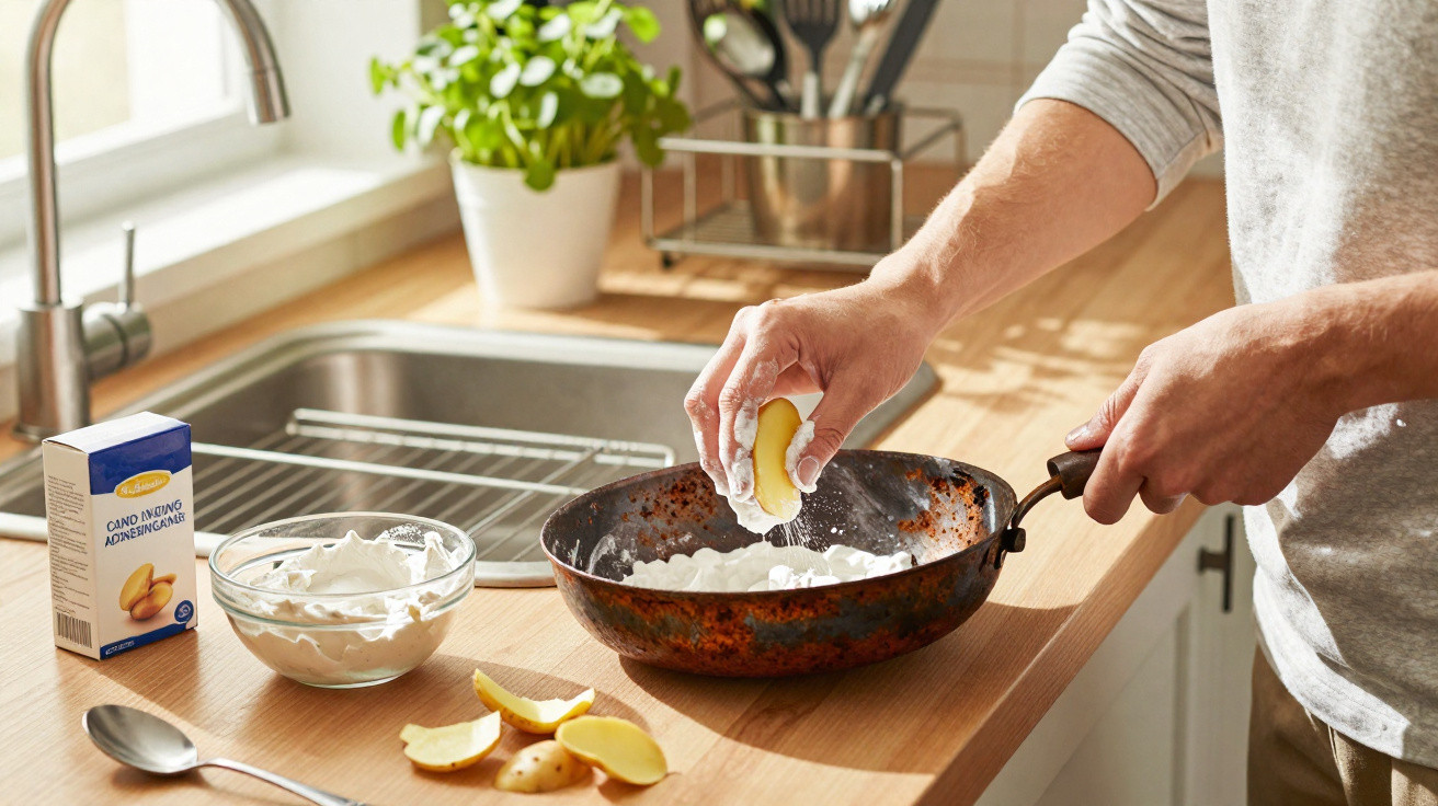 Pessoa a preparar batatas com farinha numa cozinha iluminada, ao lado de pia e erva aromática em vaso.