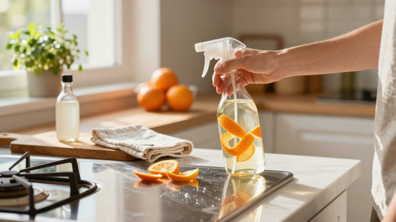 Mão segurando frasco spray com líquido e cascas de laranja a limpar fogão numa cozinha iluminada.