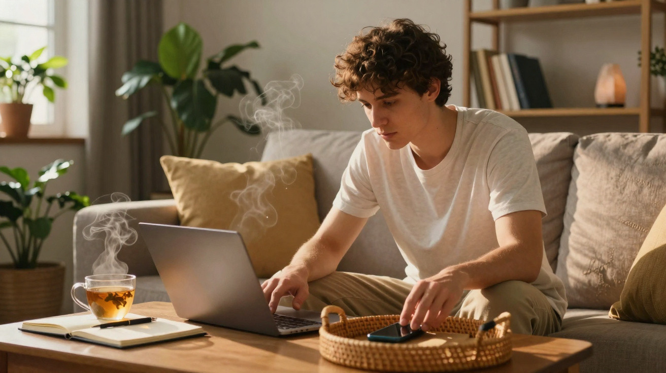 Jovem sentado no sofá a usar computador portátil numa sala iluminada, com chá quente e caderno na mesa.