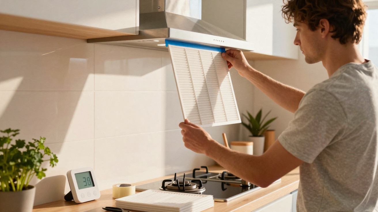 Homem a substituir filtro numa exaustor de cozinha moderna e luminosa.
