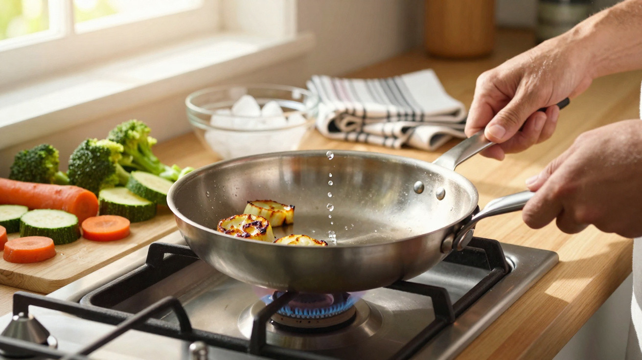 Pessoa a cozinhar vegetais numa frigideira de aço inox sobre um fogão a gás numa cozinha luminosa.