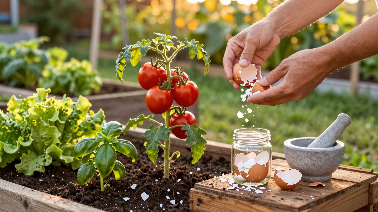 Mãos a desfazer cascas de ovo num frasco ao lado de plantas de tomate, alface e manjericão numa horta urbana.