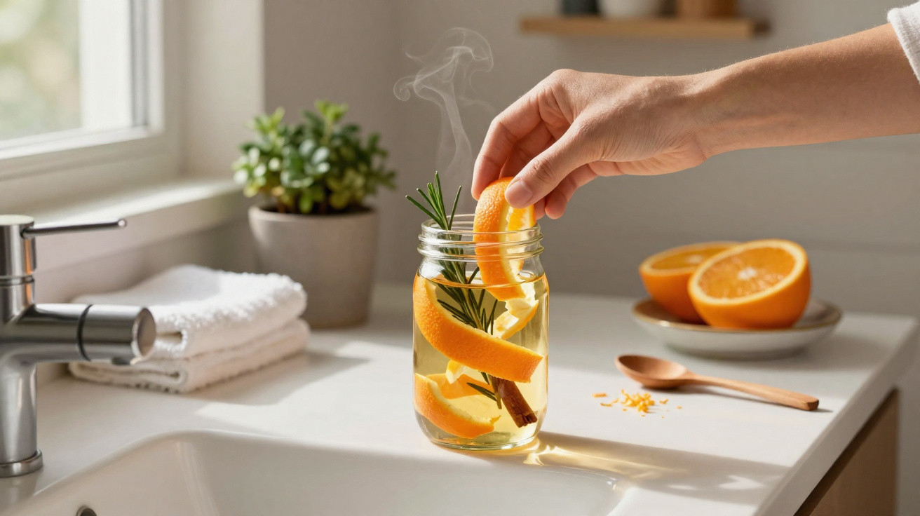 Mão a colocar raspa de laranja quente com alecrim e canela num frasco de vidro numa cozinha iluminada.