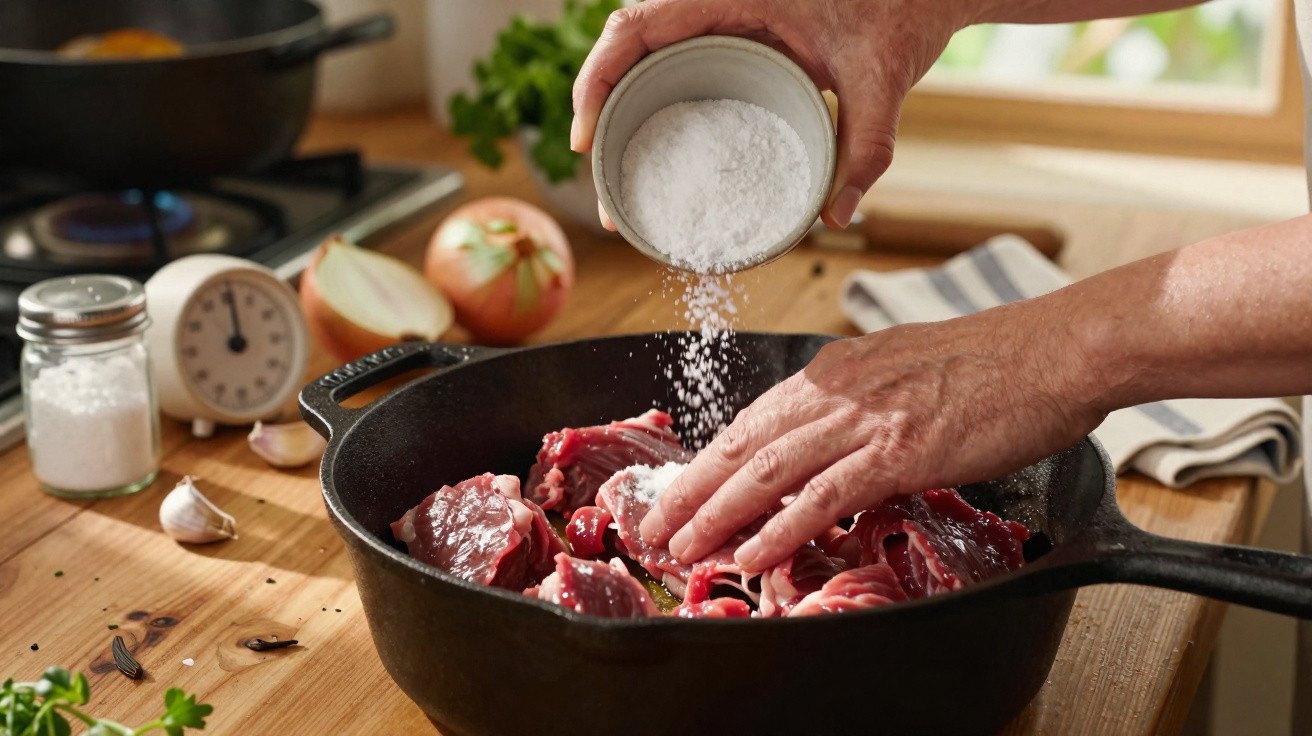 Pessoa a temperar carne crua com sal, numa frigideira de ferro fundido numa cozinha iluminada.