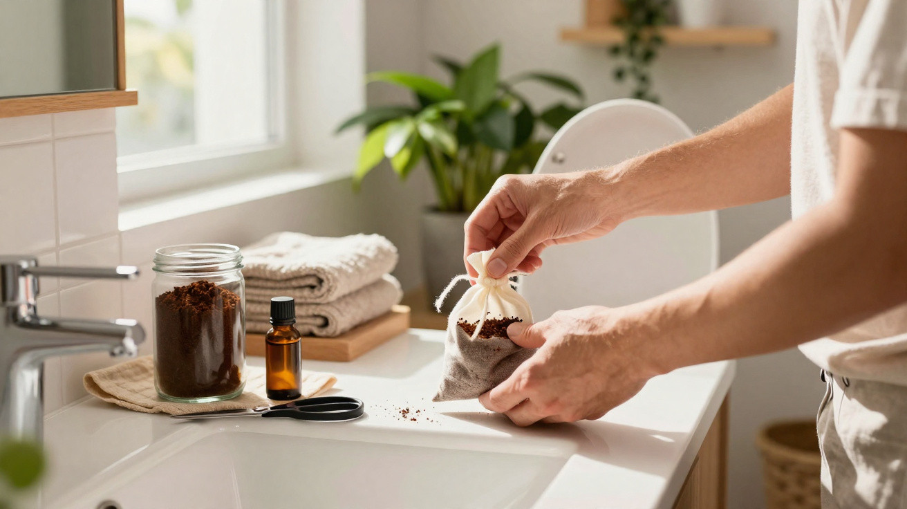 Mãos a preparar saco de chá com café moído sobre bancada de casa de banho com toalhas e plantas.