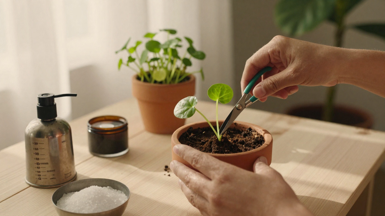 Pessoa a podar planta em vaso de barro numa mesa com outros vasos e objetos de jardinagem.