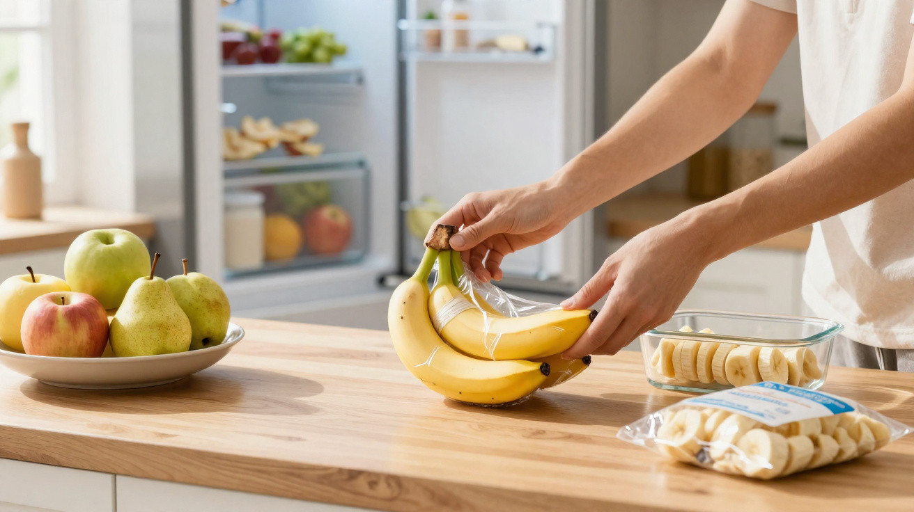 Pessoa a embrulhar cachos de bananas com plástico transparente numa cozinha.