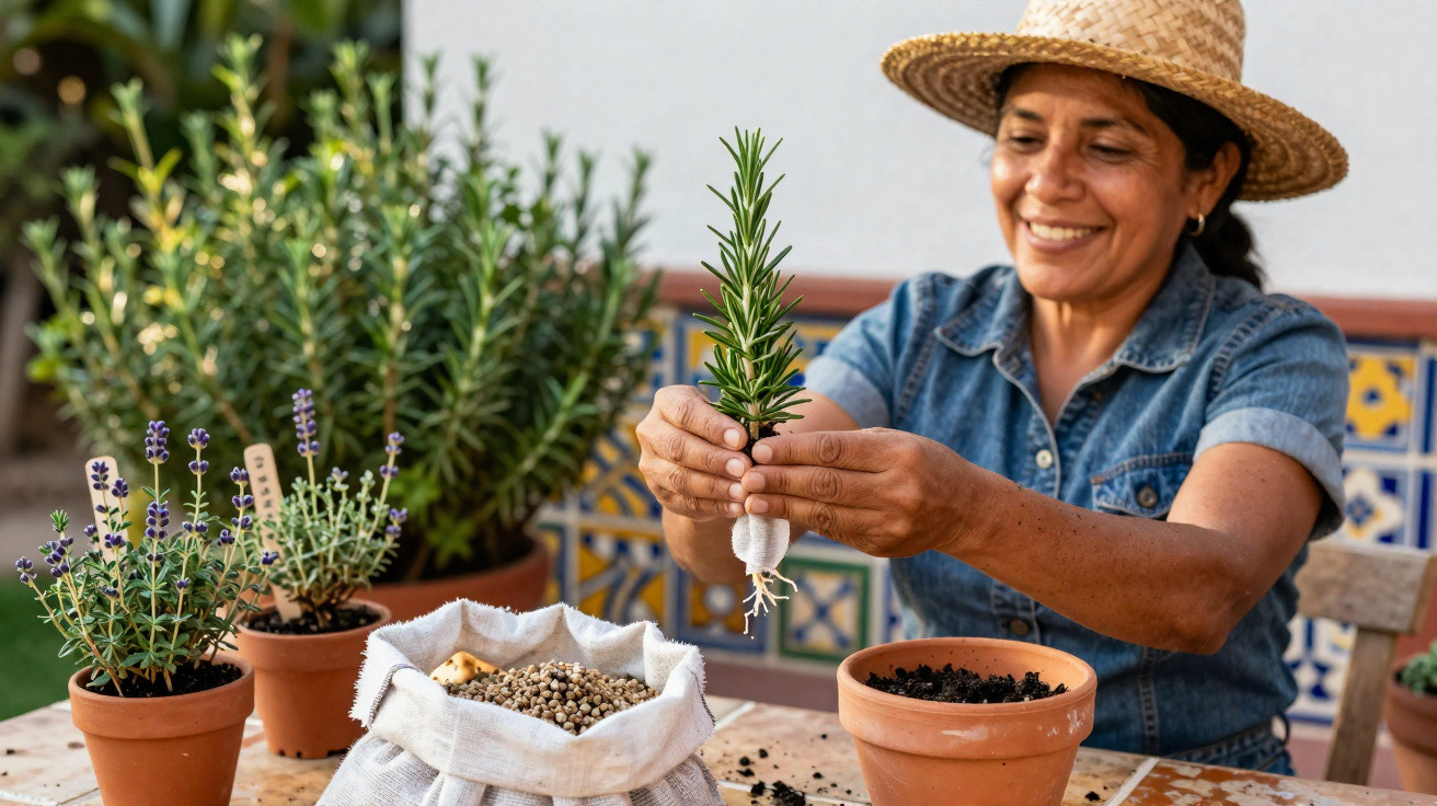 Mulher a transplantar uma planta aromática para um vaso em varanda com várias plantas em vasos.