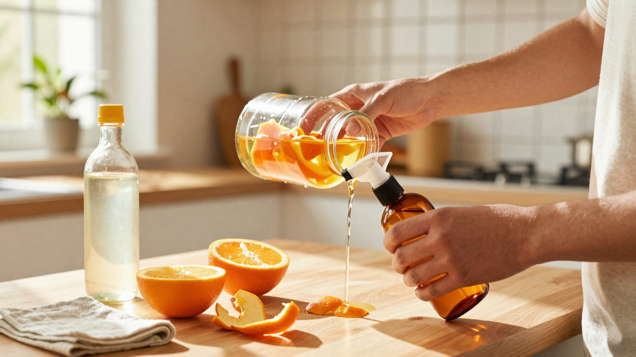 Pessoa a fazer detergente caseiro com cascas de laranja e garrafa de vidro numa cozinha iluminada.