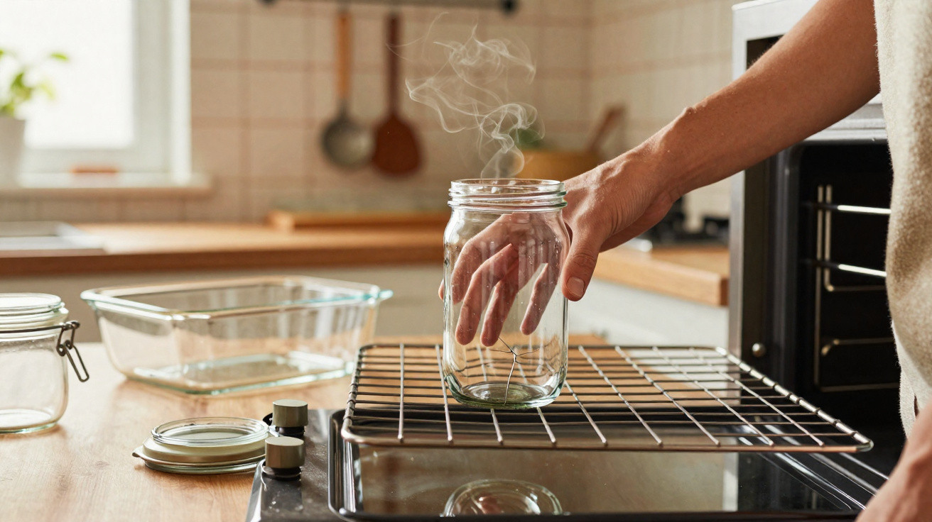 Mão a colocar um frasco de vidro quente no tabuleiro de forno na cozinha com vapor a sair do frasco.