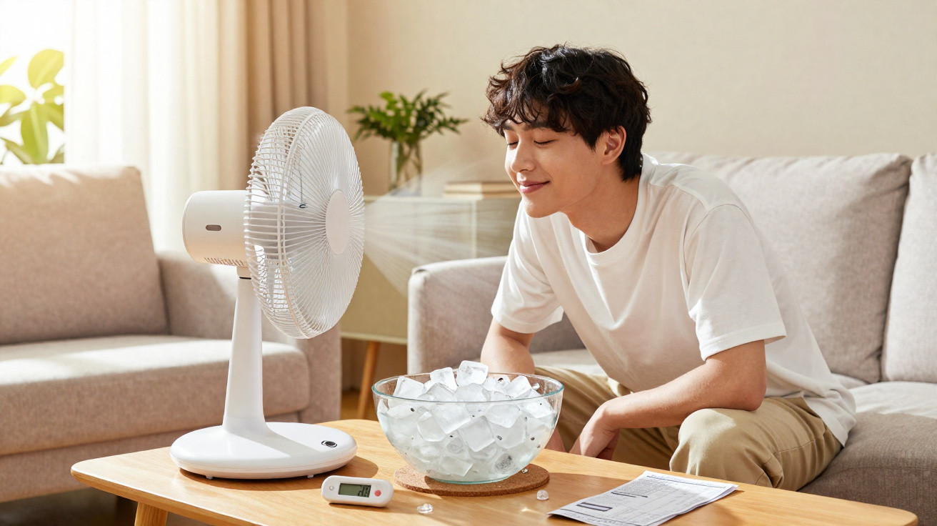 Homem sorri enquanto refresca-se com um ventilador ligado em sala de estar acolhedora.