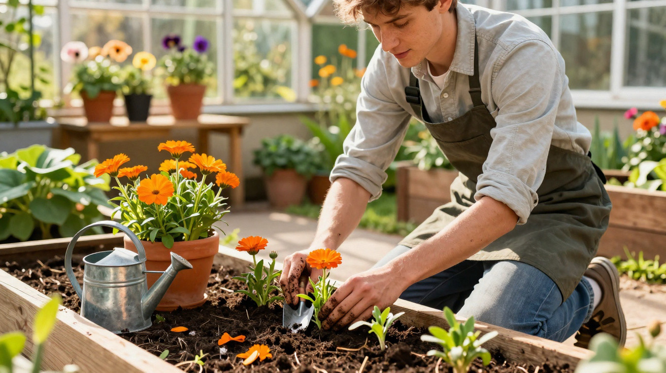 Jovem a plantar flores laranja numa estufa, usando avental e rodeado de plantas em vasos.