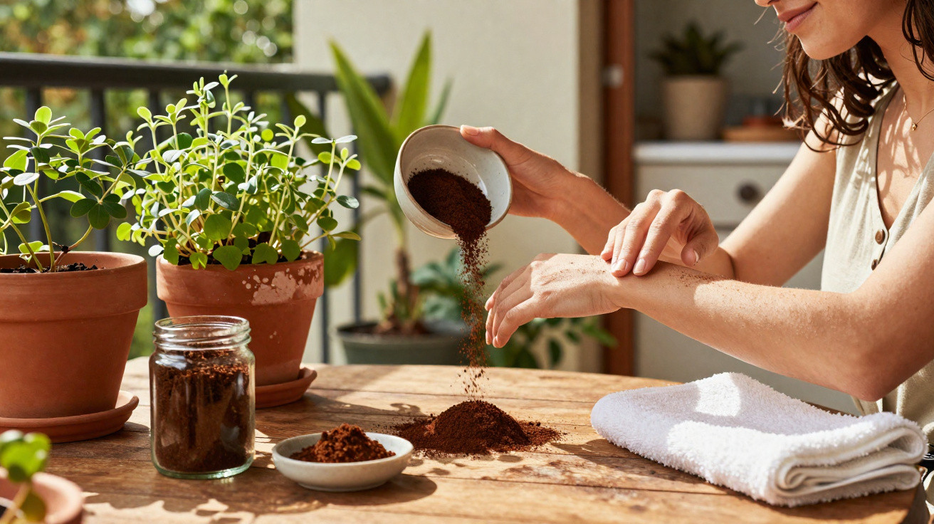 Mulher aplicando café moído na pele das mãos numa mesa de madeira com plantas ao redor.