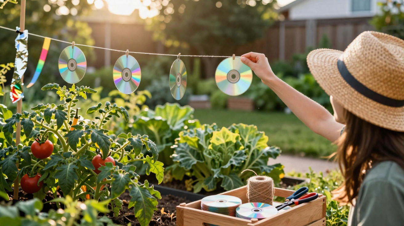 Mulher com chapéu pendura CDs num varal para afastar pássaros de plantas num jardim ensolarado.