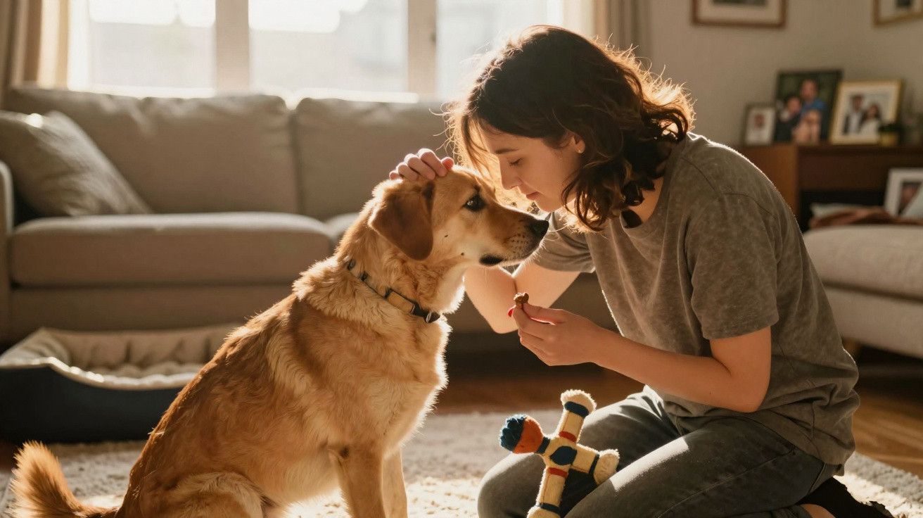 Mulher ajoelhada acaricia cão Labrador castanho dentro de casa com brinquedo no chão.