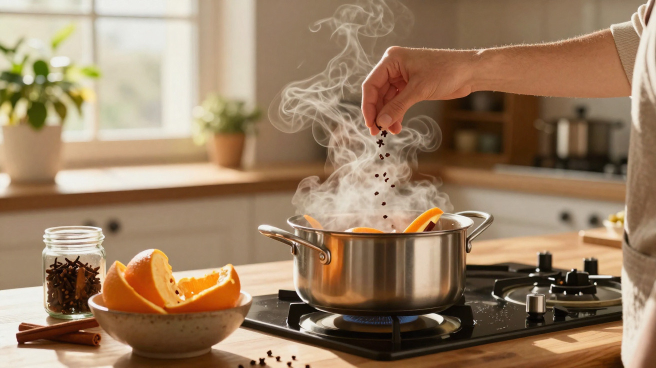 Mão a adicionar especiarias ao tacho com cascas de laranja a cozinhar num fogão a gás numa cozinha iluminada.
