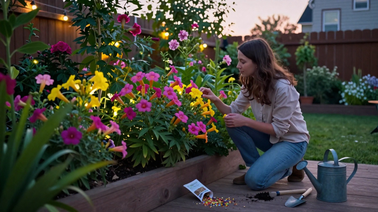 Mulher a cuidar de flores coloridas num jardim durante o entardecer, rodeada de ferramentas de jardinagem.