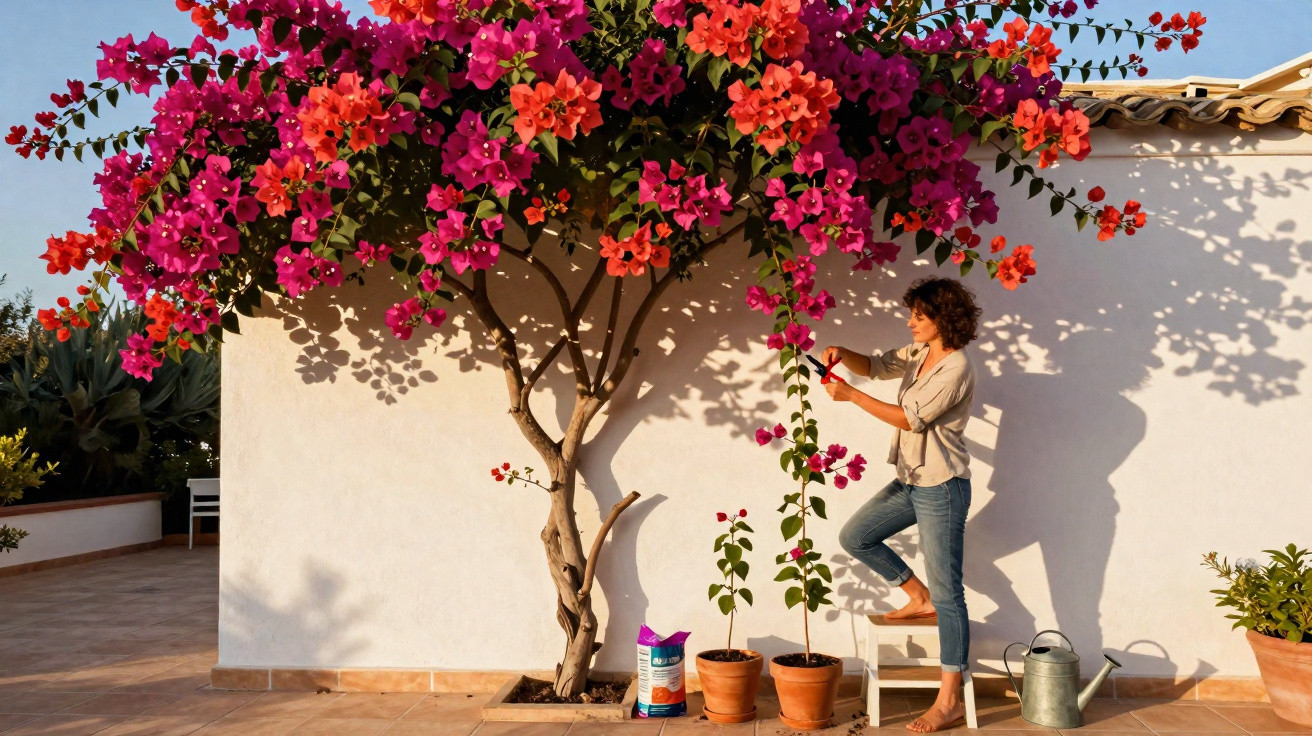 Mulher a cuidar de flores roxas e laranja junto a uma parede branca num pátio soalheiro.