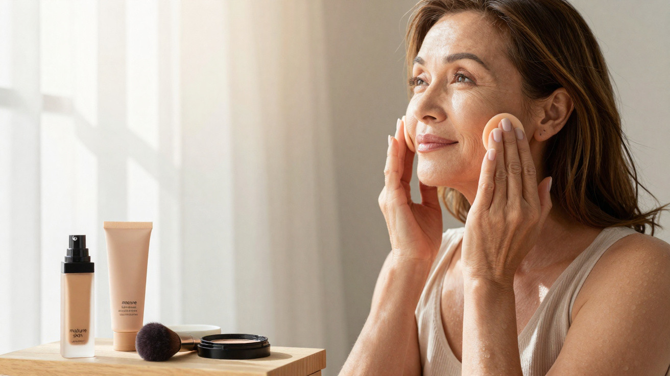Mulher aplica maquilhagem com esponjas no rosto, ao lado de produtos cosméticos numa mesa de madeira.