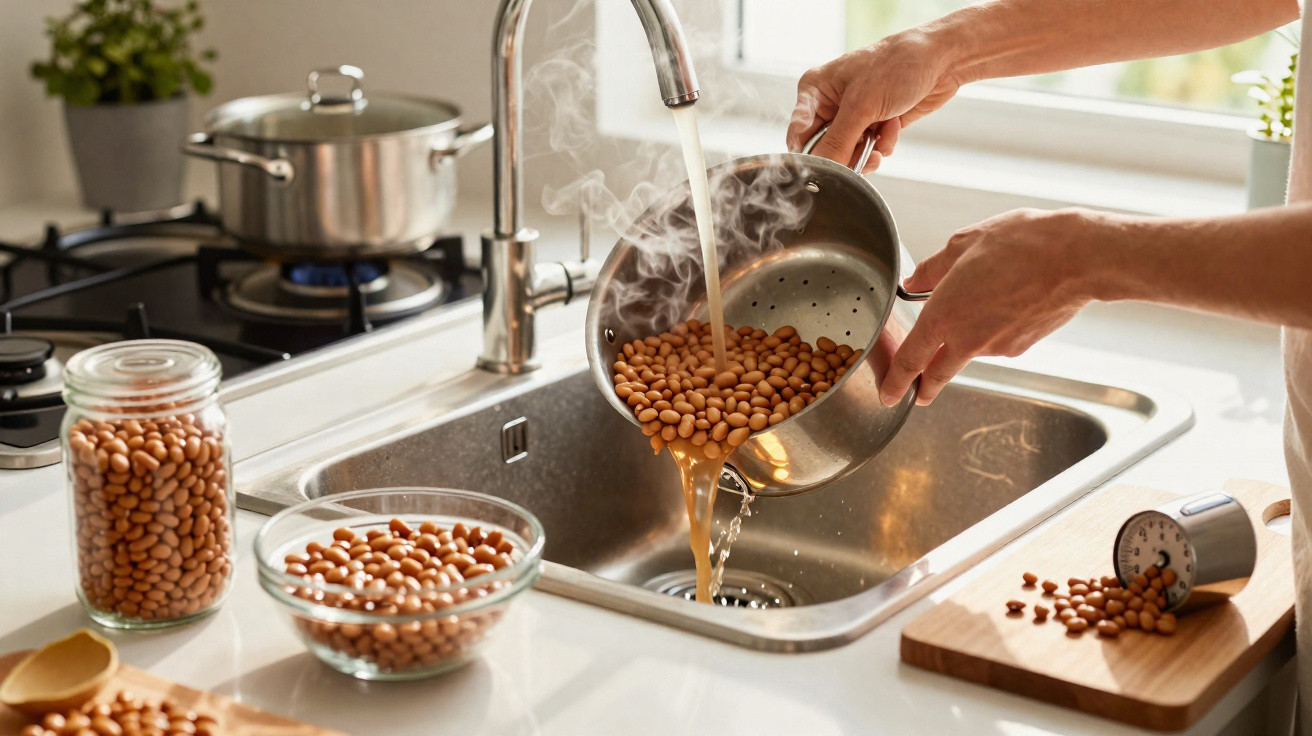 Pessoa a escorrer feijão quente numa panela com água na cozinha moderna e luminosa.