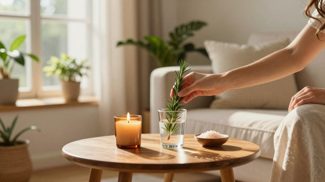 Pessoa a colocar ramo de alecrim em copo com água numa mesa com vela e sal rosa, numa sala iluminada.