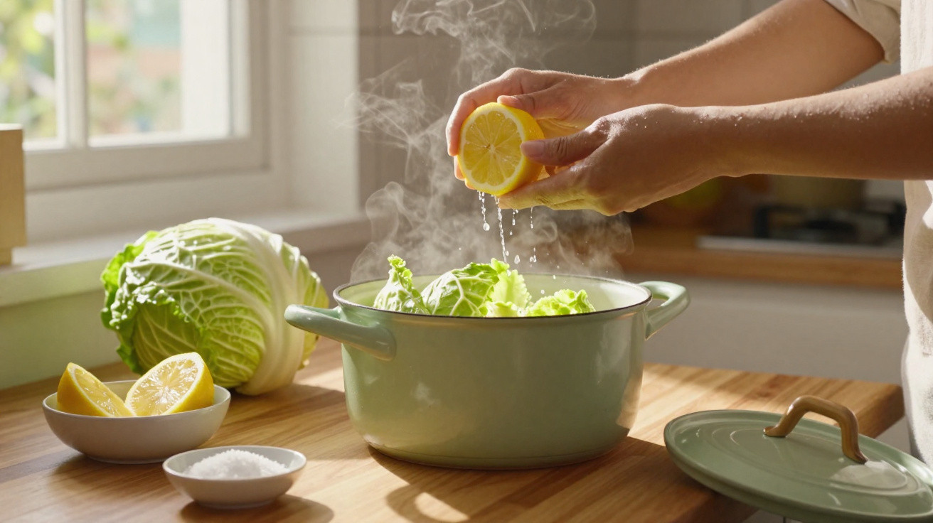 Mãos a espremer limão sobre uma panela a cozinhar couve, numa cozinha iluminada por luz natural.