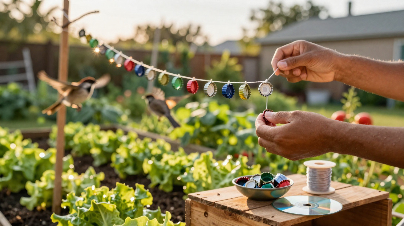 Mãos penduram linha com tampas de garrafa coloridas num jardim com plantas e pássaros ao fundo.