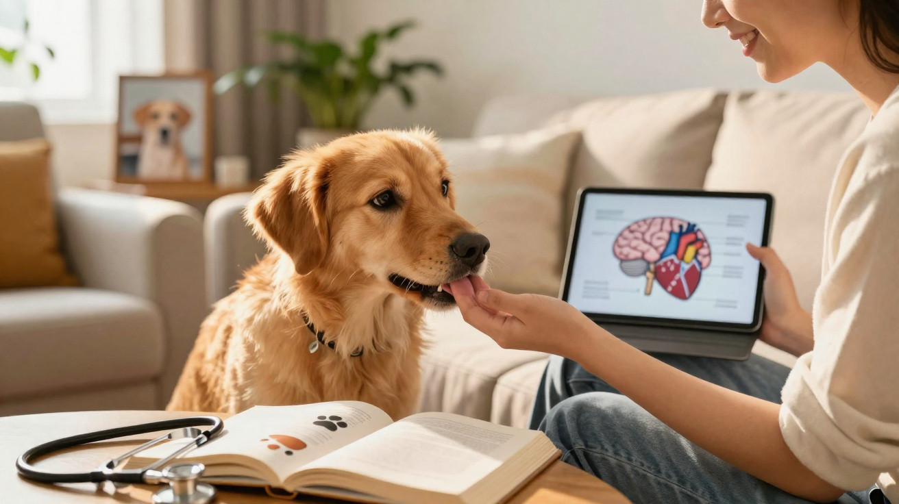 Pessoa a dar um petisco a um cão enquanto estuda com livros e uma imagem de cérebro e coração no tablet.