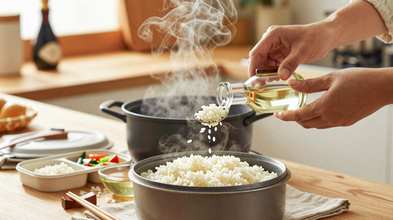 Mãos a verter óleo numa colher com arroz cozido quente numa panela, numa cozinha luminosa.