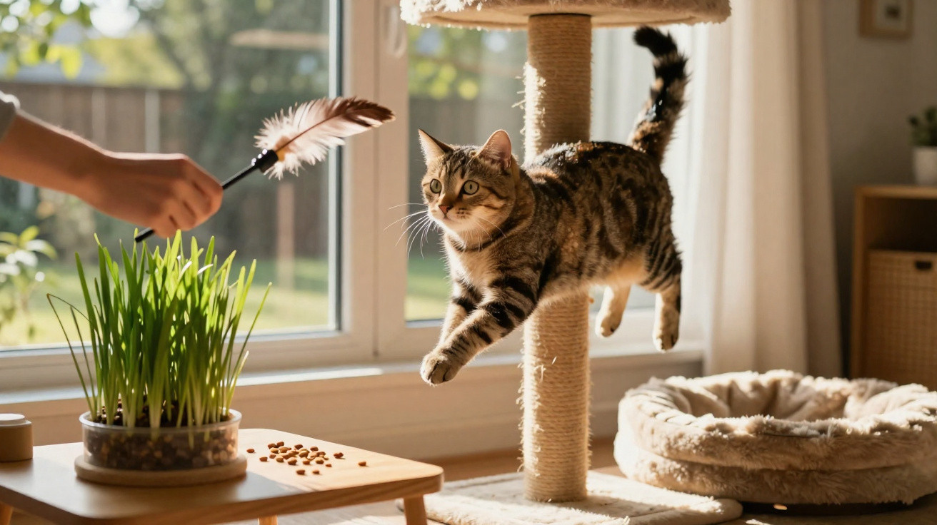 Gato tigrado saltando de arranhador enquanto brinca com pena numa sala iluminada com janela grande.