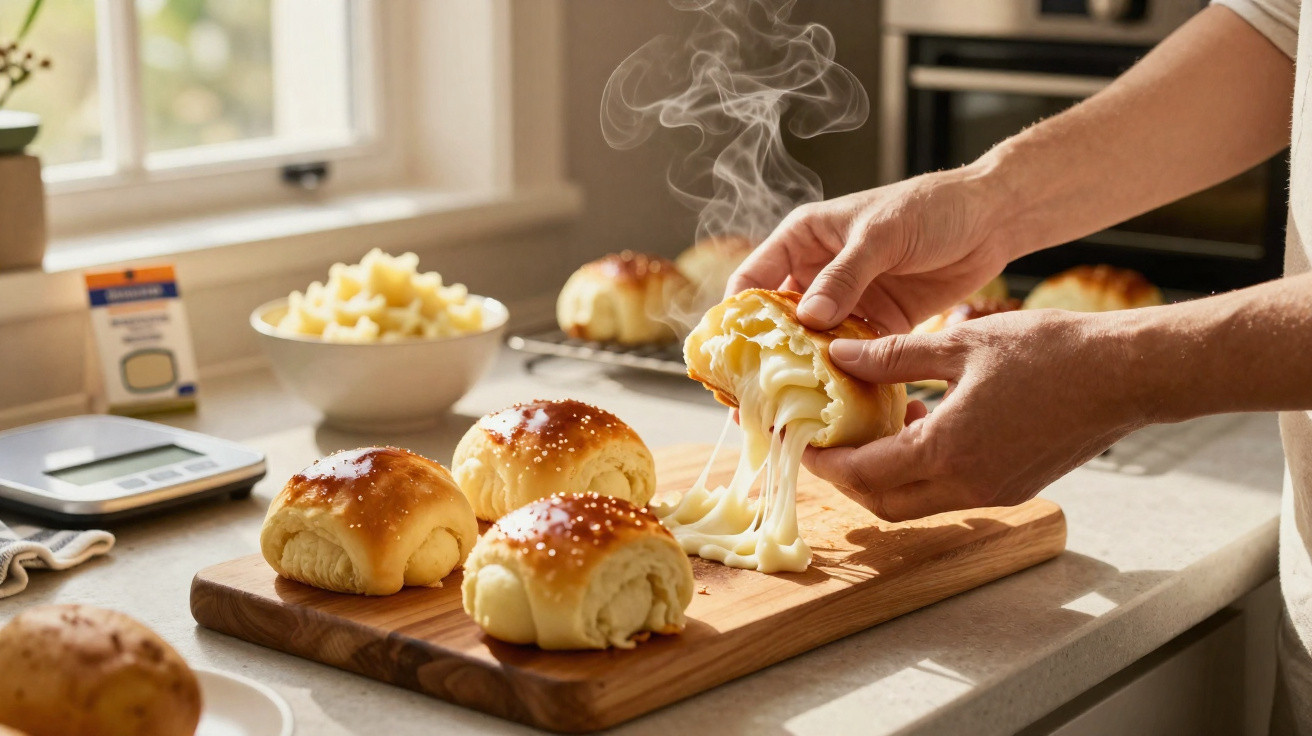 Mãos rasgando pão quente com queijo derretido estaladiço numa tábua de madeira na cozinha.