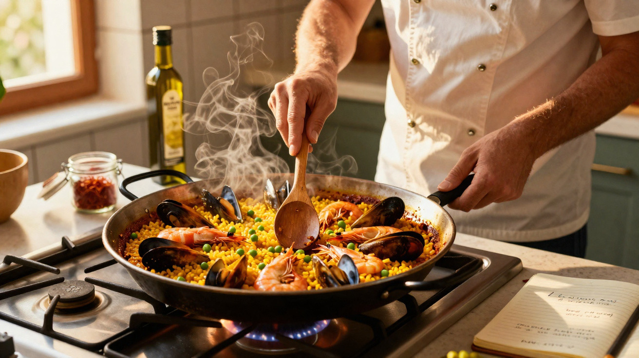 Chef a mexer uma paelha de marisco fumegante no fogão de casa com caderno de receitas aberto ao lado.